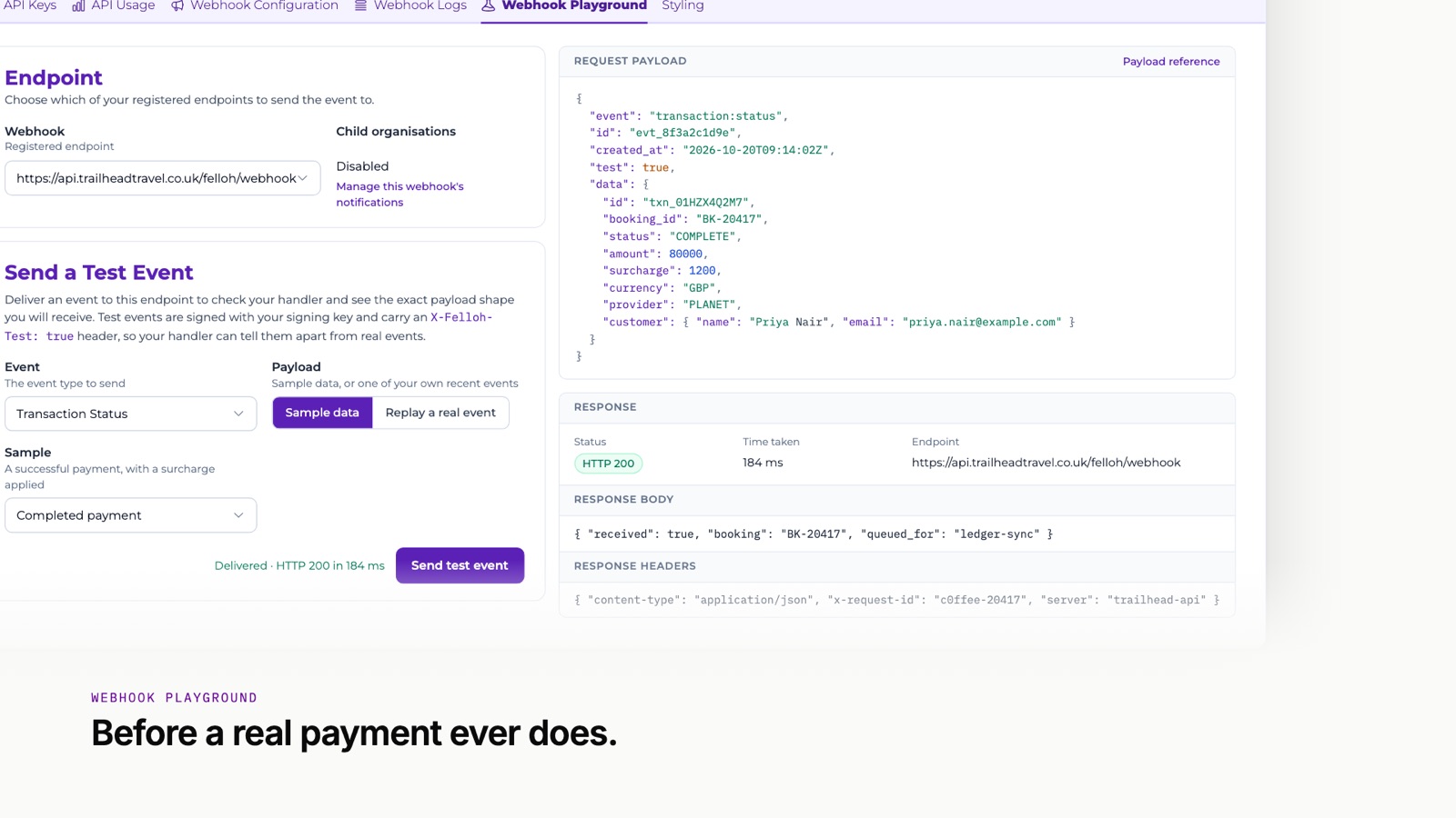 Sending a test event from the webhook playground